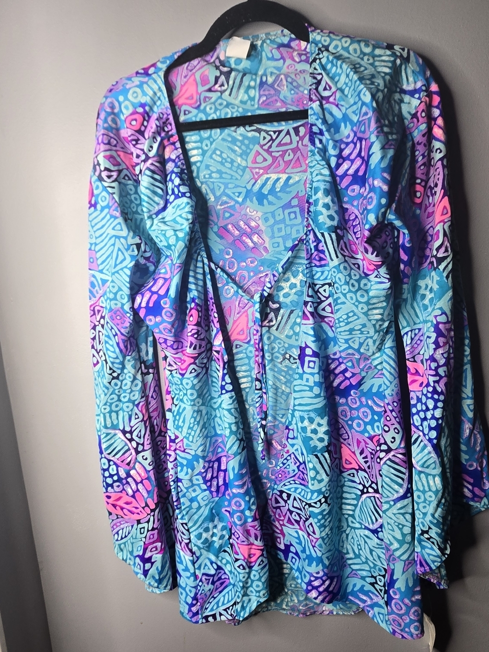 Vintage T&A Lingerie Sheer Tropical Kimono Duster Cover Up OSFM Neon Blue Pink